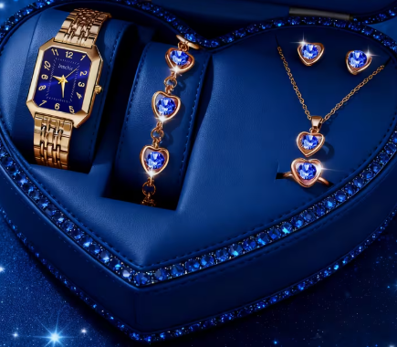 Relógio de Quartzo Feminino e um Conjunto de Joias Azul Dourado em Forma de Coração