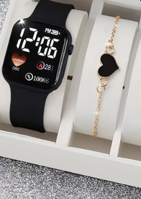 Relógio Quadrado de Silicone e Pulseira de Coração